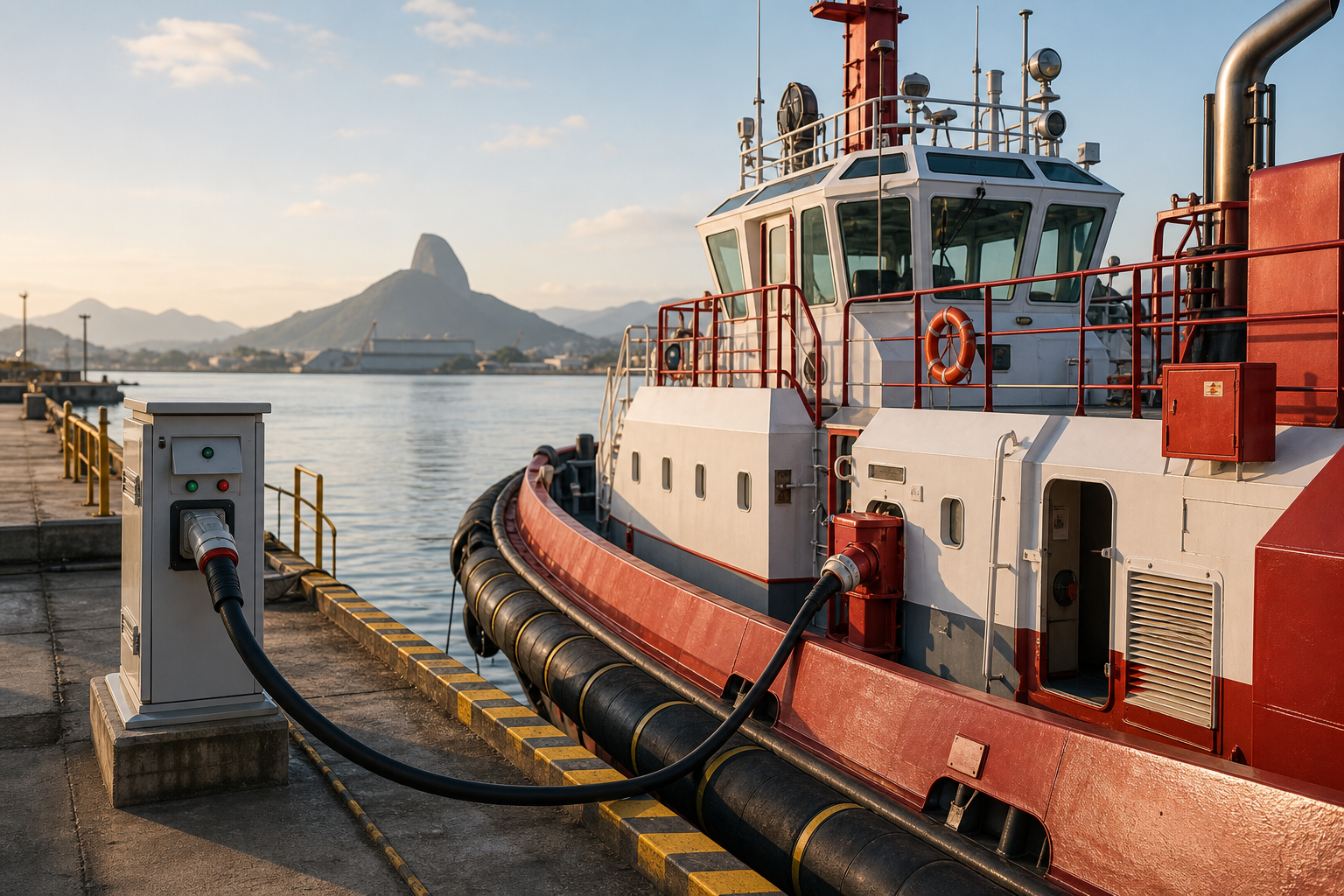 Rebocador conectado ao sistema de energia elétrica em terra